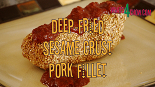 Deep-fried sesame crusted pork fillet with cranberry sauce