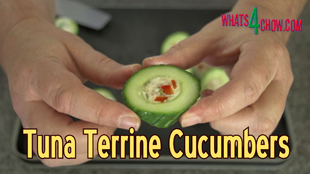 tuna terrine cucumbers,tuna terrine stuffed cucumbers,tuna terrine filled cucumbers,stuffed cucumbers,filled cucumbers,set tuna terrine in cucumbers,how to make tuna terrine,how to mix gelatin,how to set tuna in gelatin,fish in gelatin recipe,how to mold gelatin,how to mold gelatin in cucumbers,how to make gelatin terrine,how to set gelatin terrine